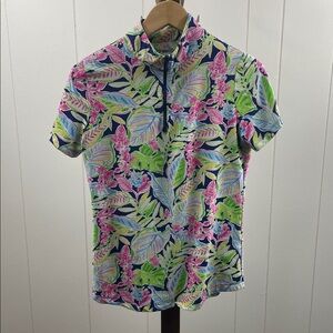 U IBKUL Short Sleeve 1/4 Zip Pink Green Tropical Print Golf Shirt